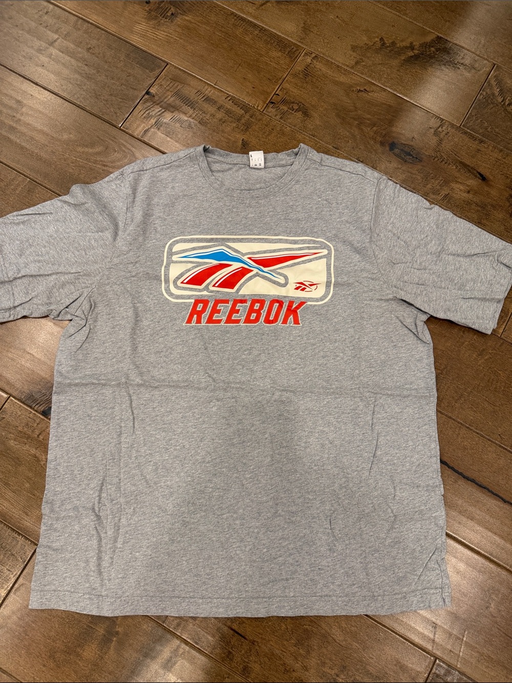 Reebok Gray Short-Sleeve Tee with Red & Blue Logo
